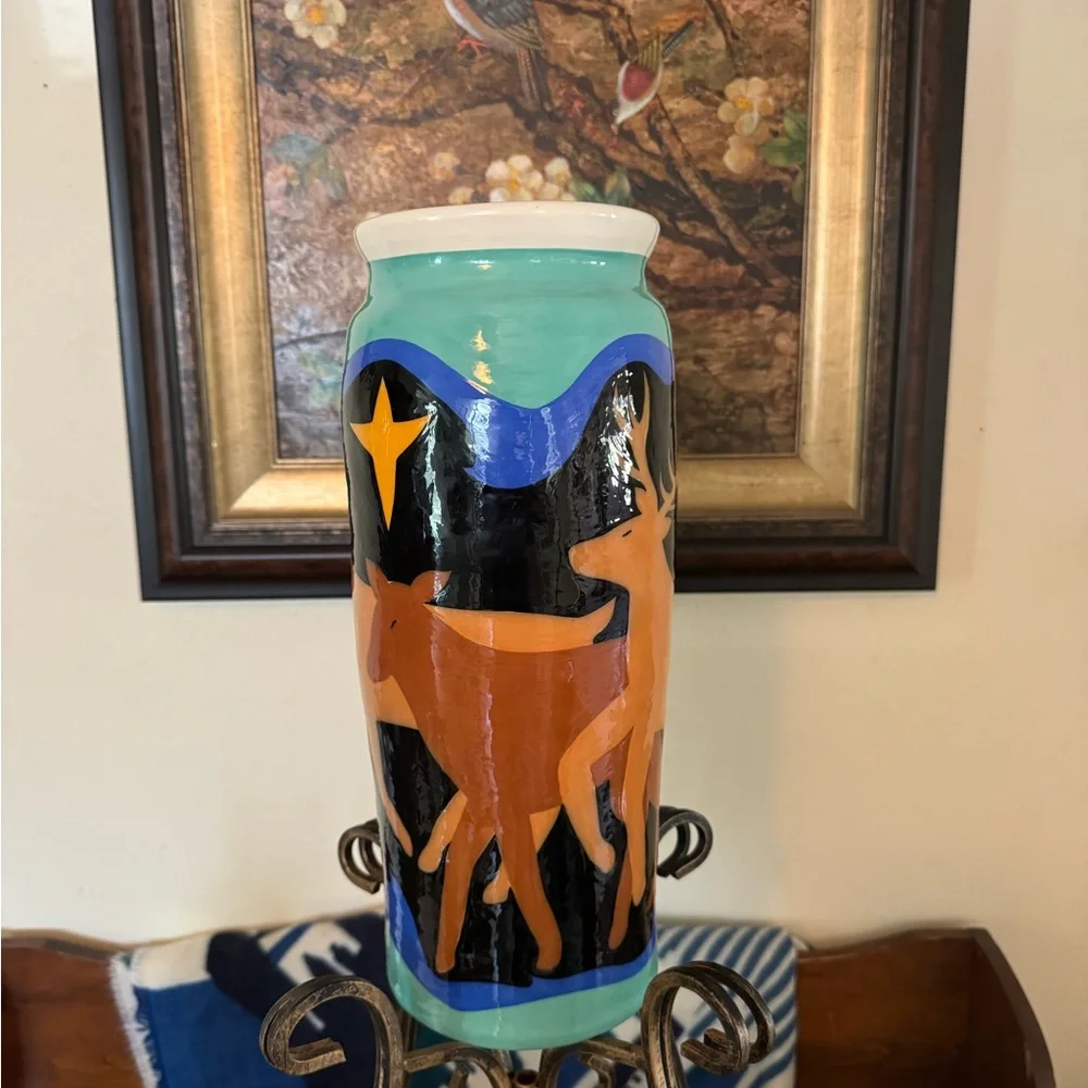Vintage 15”Tall Signed Celestial Kadisak blue + green Wilderkind glazed vase.